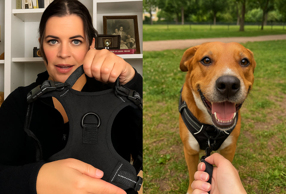 Front clip harness gently redirecting dog from the chest